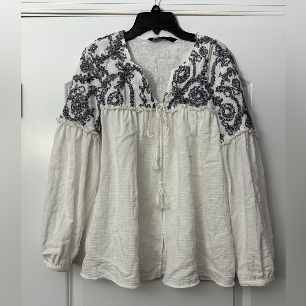 Zara open front long sleeve blouse bohemian style cardigan EUC